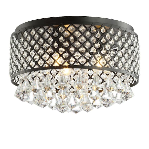 Evelyn 17 in. 3-Light Crystal Drops/Metal LED Flush Mount, Black