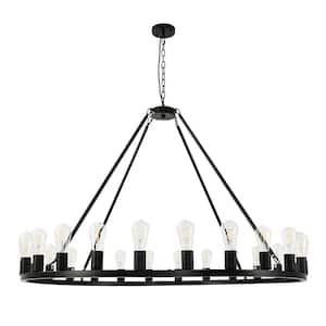 47.2 in. 24-Light Black Rustic Wagon Wheel Pendant Light for Dining Room, No Bulbs Included