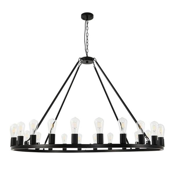 OUKANING 47.2 in. 24-Light Black Rustic Wagon Wheel Pendant Light for Dining Room, No Bulbs Included