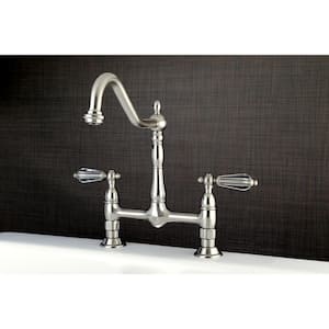Victorian Crystal 2-Handle Bridge Kitchen Faucet with Lever Handle in Brushed Nickel