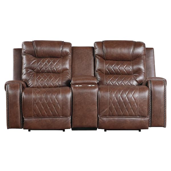 Bergen 77.5 in. W Brown Faux Leather Power Double Reclining Loveseat with Center Console, Receptacles and USB Port