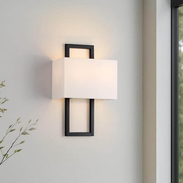 15. 5in 2-Light Black Wall Sconce with White Shade