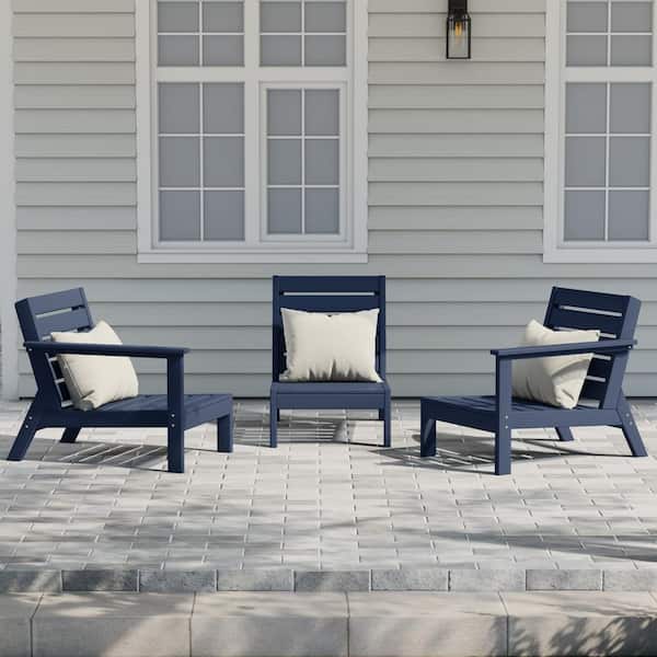 Birchwood Outdoor Patio 3-Piece Deep Seating HDPE Sectional Sofa Arm Chair Set in Navy Blue
