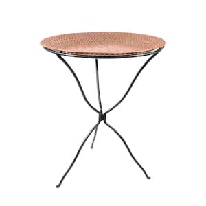 24 in. Dia Round Brass Hammered Copper Birdbath with Black Wrought Iron Folding Ring Stand