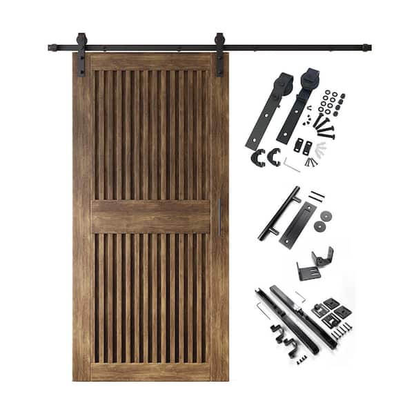 ST 36 in. x 84 in. C-Panel Dark Walnut Vertical Stripe Design Solid Pine Wood Sliding Barn Door with Hardware Kit