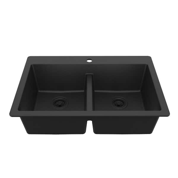 Karran Black Quartz 33 in. 50/50 Double Bowl Composite Drop-in Kitchen Sink