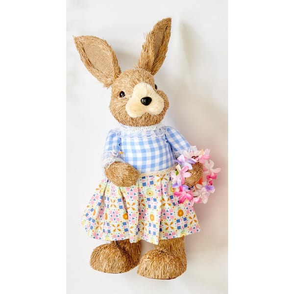 Unbranded 20 in Easter Tabletop Natural Sisal Standing Bunny Holding Wreath