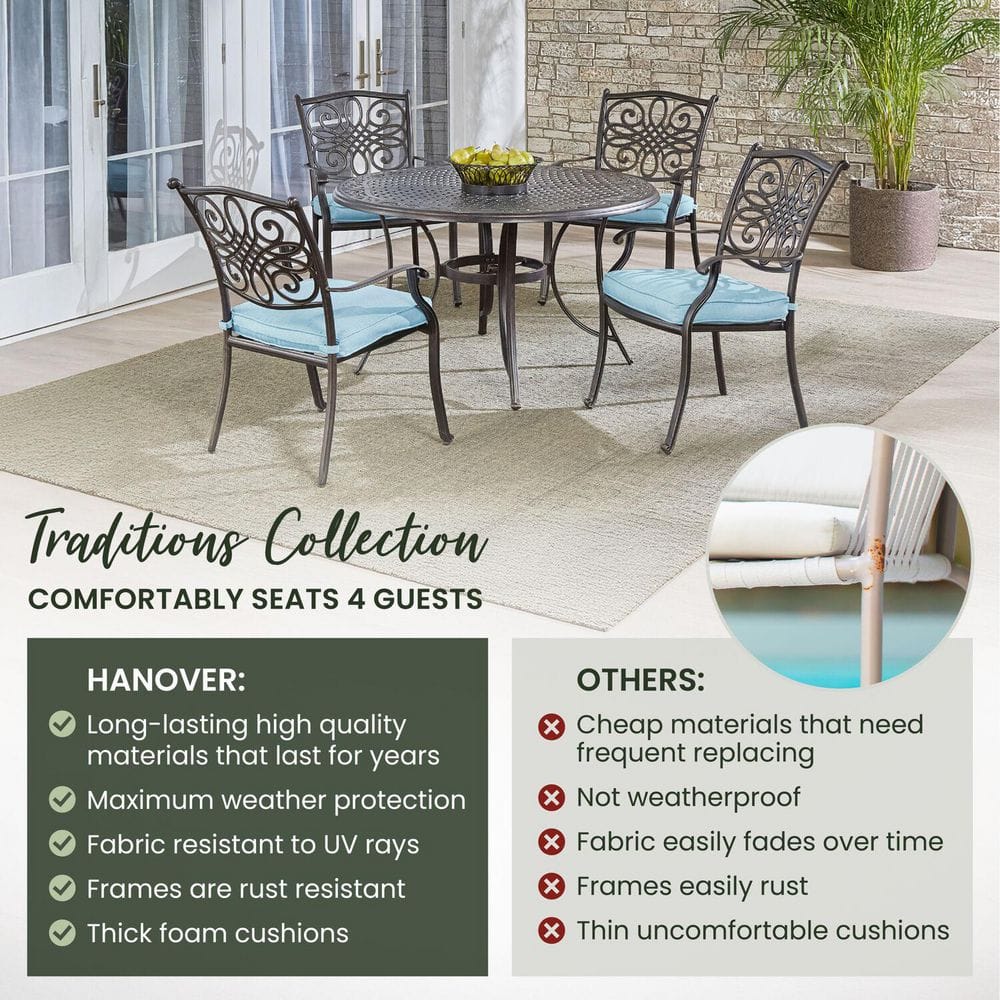 Bronze Aluminum Outdoor Dining Set with Blue Cushions