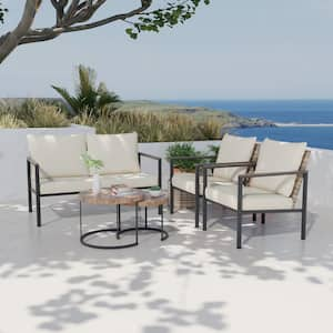 5-Piece Outdoor Wicker Patio Conversation Set with Beige Cushions, Includes Coffee Table