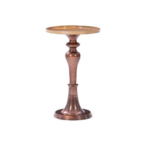 Benjara 13 in. Brown and Copper Round Wood End Table with Metal Frame