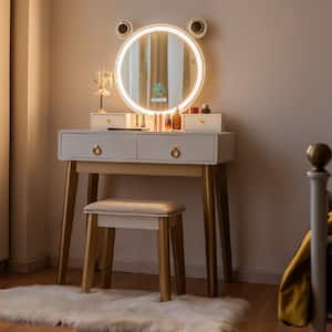 53 in. x 31.5 in. x 15.5 in. White and Gold Touch Screen Dimming Mirror with Speakers Vanity Dressing Table Set