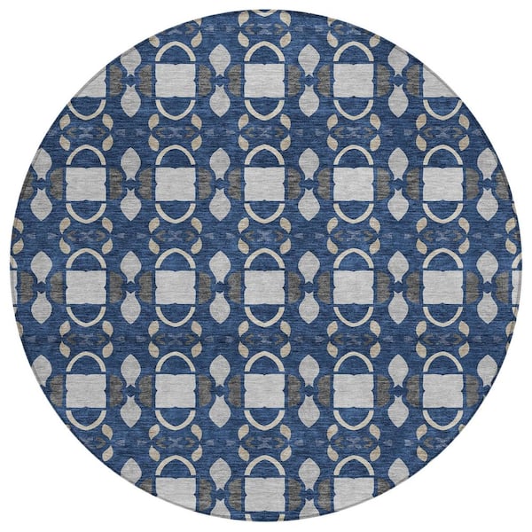 Chantille Machine Washable Indoor/Outdoor Abstract ACN2920 Navy 8 ft. x 8 ft. Round Rug