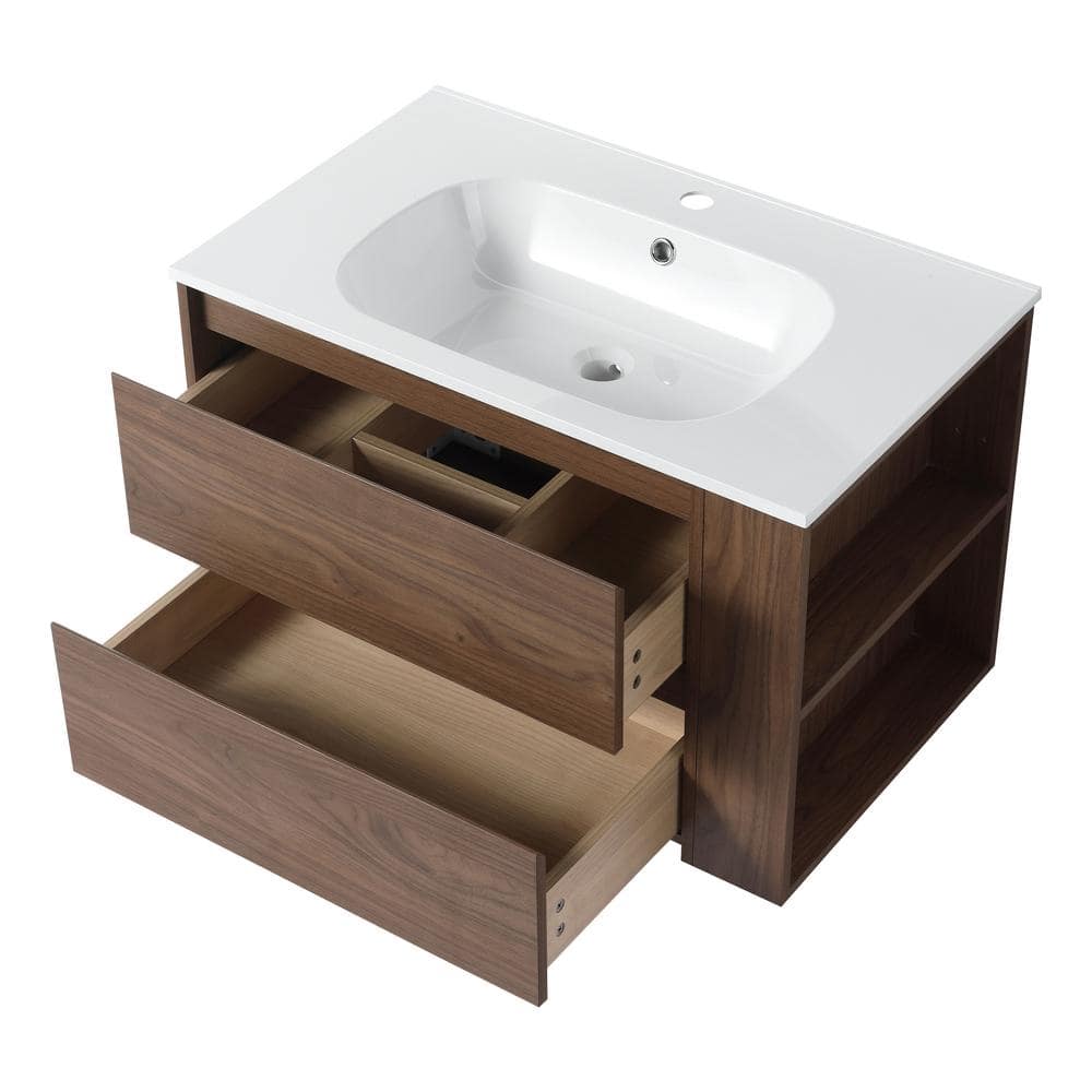 29.7 in. W x 18.1 in. D x 19.4 in. H Bath Vanity with Adjustable Shelf in Brown and White Acrylic Top, Single Sink