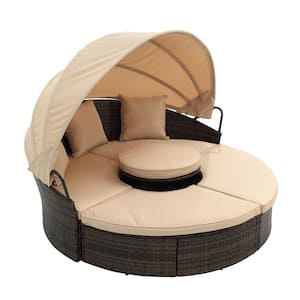 Wicker Rattan Outdoor Round Lounge Daybeds with Beige Cushions and Lift Coffee Table Beige