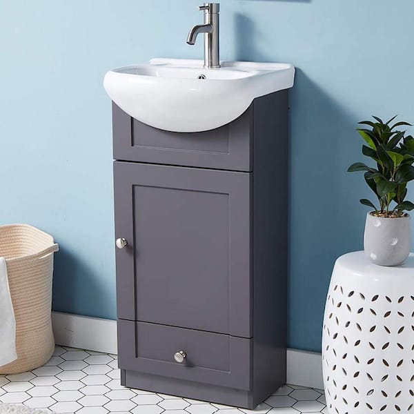 VAPSINT 18 in. W x 15 in. D x 34 in. H Small Bathroom Vanity in Dark Grey with White Ceramic Sink