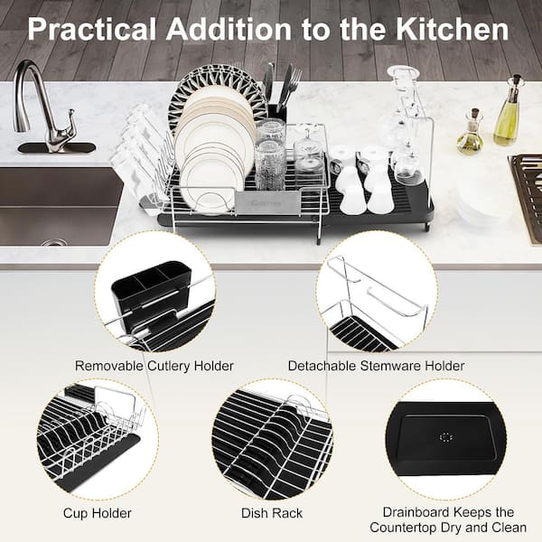 Aoibox Single Tier Aluminum Expandable Drying Dish Rack with Drainboard and Rotatable Drainage Spout in Dark Gray