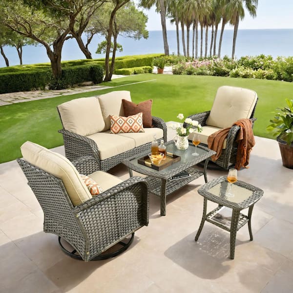 Hot Sale Valora 5-Piece Gray Wicker Outdoor Sectional Set with Beige Cushion, Coffee Table and Side Table for Deck Patio