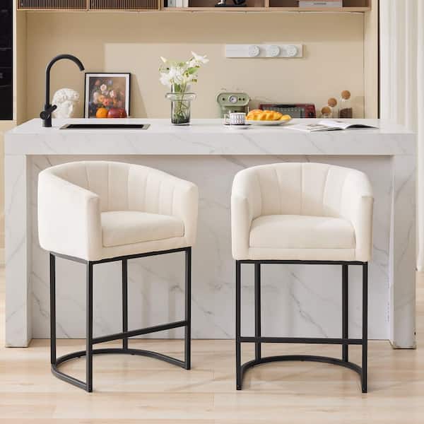 25.9 in. Modern Beige Upholstered Fabric Bar Stools with Curved Back and Metal Base (Set of 2)