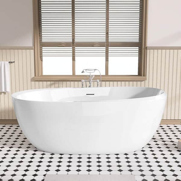 Getpro 67 in. x 29.5 in. Acrylic Freestanding Flat Bottom Bathtub Soaking with Center Drain Free Standing Bathtub in White