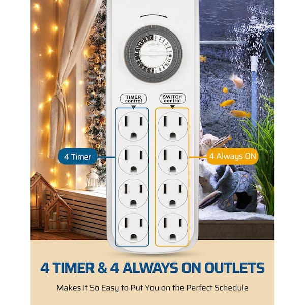 Mechanical Indoor Timer Power Strip with 8-Outlets, Countdown, Flat Plug, 6 ft. Long Cord