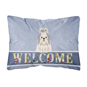 12 in. x 16 in. Multi-Color Outdoor Lumbar Throw Pillow Shih Tzu Silver White Welcome