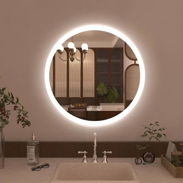 Gaze 28 in. W x 28 in. H Round Frameless LED Light Anti-Fog Wall Bathroom Vanity Mirror in Polished Crystal