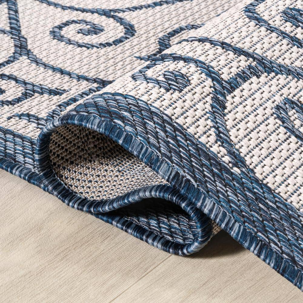 Madrid Boho-Chic Blue and Cream Geometric Round Indoor/Outdoor Rug