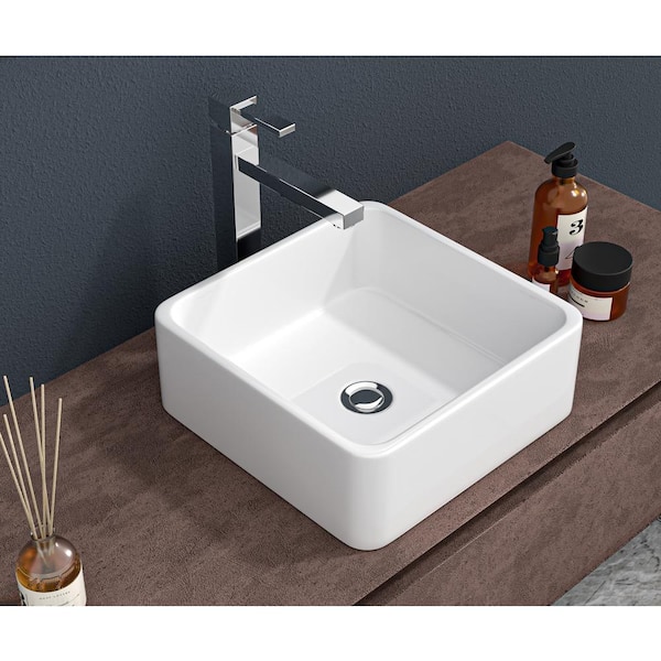 Unbranded 15 in . Ceramic Square Vessel Bathroom Sink in White