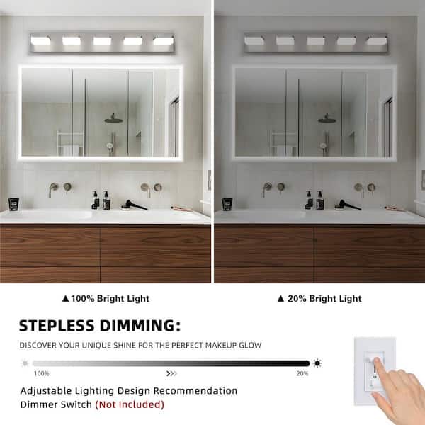 32.28 in. 5-Light Nickel Vanity Light with Dimmable 5500K Light and 270° Swivel Range Acrylic Lampshade