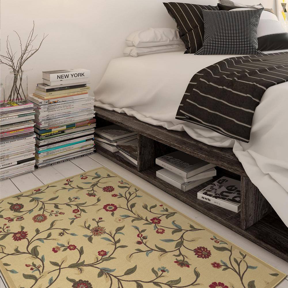Beige Floral Leaves Design Washable Synthetic Area Rug