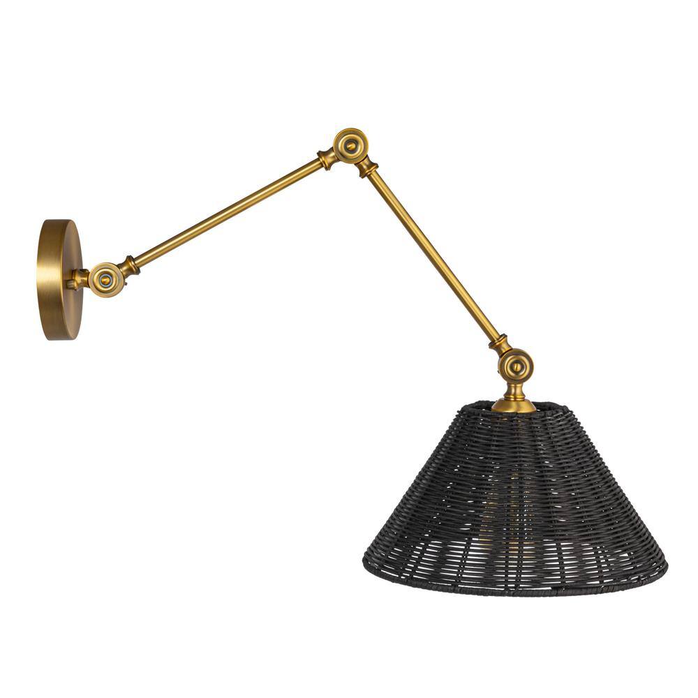 Adjustable Antique Brass Wall Sconce with Black Woven Rattan Shade