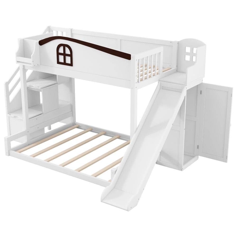 Nestfair White Wood Twin over Full Bunk Bed with Storage Staircase ...