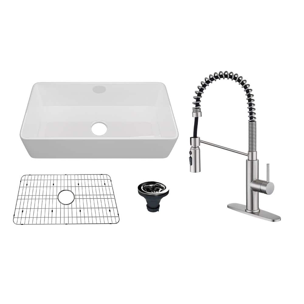 36" White Fireclay Farmhouse Kitchen Sink with Brushed Nickel Faucet