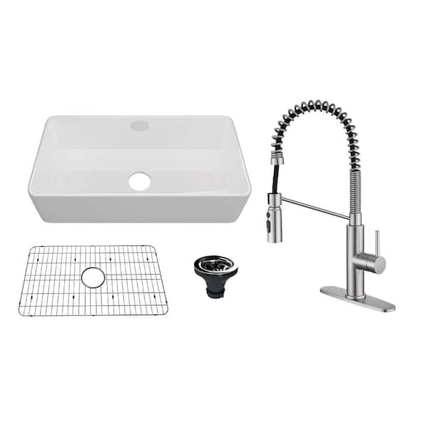 CASAINC All-in-One 36 in. Farmhouse/Apron-Front Single Bowl Fireclay Kitchen Sink with Faucet, Bottom Grid and Basket Strainer