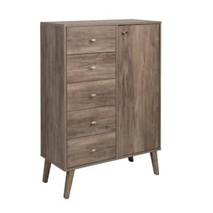 Milo 5-Drawer Drifted Gray Mid-Century Modern Chest with Door 34.5 in W. x 49 in H. x 16 in. D