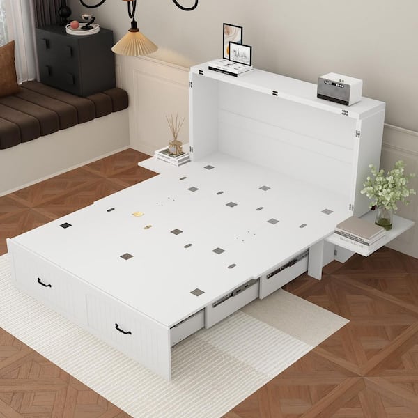 White Wood Frame Full Size Bed Murphy Beds Storage Cabinet With Drawer, 2-Nightstand and Wheels