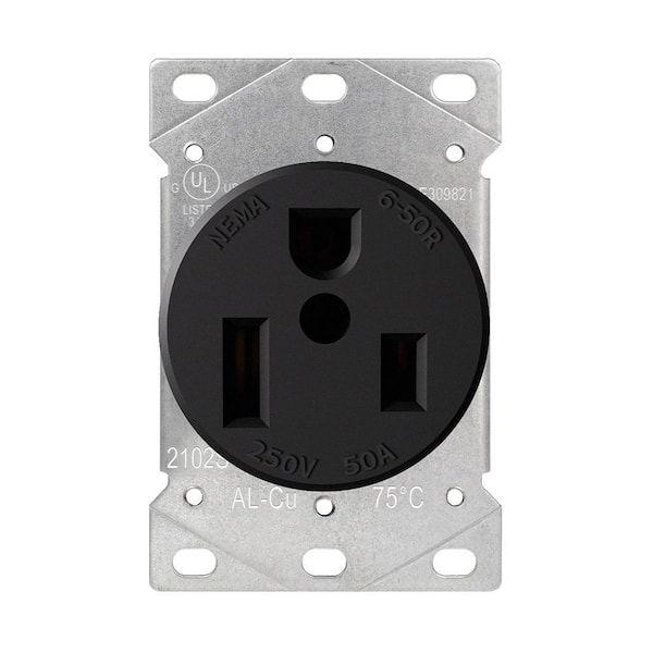 50 Amp 250-Volt, NEMA 6-50R Flush Mount Power Outlet, Single Straight Blade Range and Dryer Outlet Grounding, Black