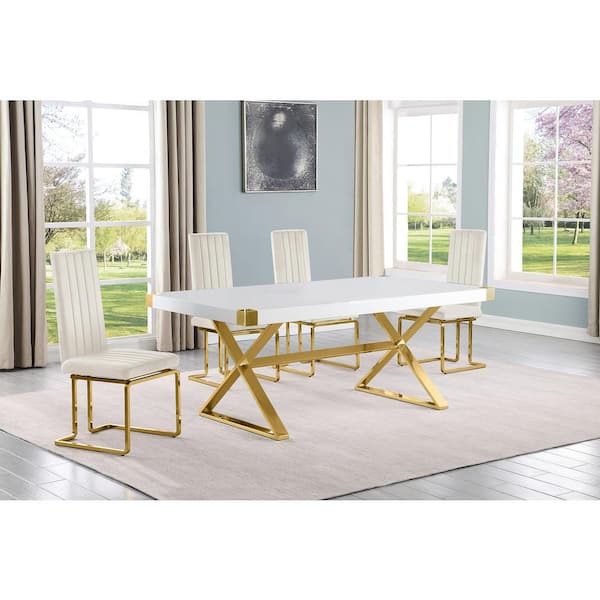 Best Quality Furniture Miguel 5-Piece Rectangle White Wood Top Gold Stainless Steel Dining Set with 4 Cream Velvet Chairs