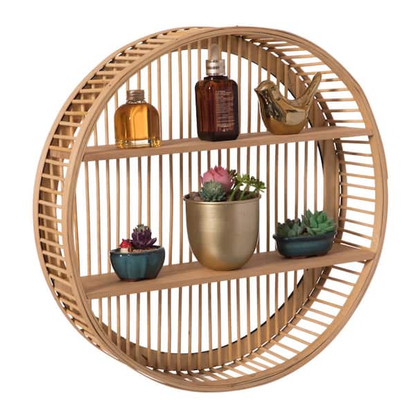 Vintiquewise Decorative Rattan Round Display Shelf With 2 Shelves For The Dining Room, Living Room, Or Office