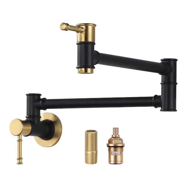 23.5 in. Wall Mounted Folding Pot Filler with Double Joint Swing Arm in Black and Gold