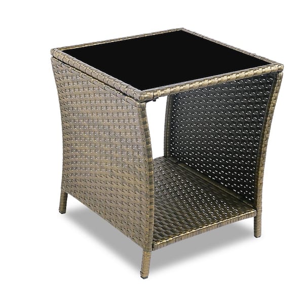 Unbranded Gold Wicker Porch Square Side Coffee Table with Glass Top and Storage Small End Tables Outdoor Porch Sofa Tables