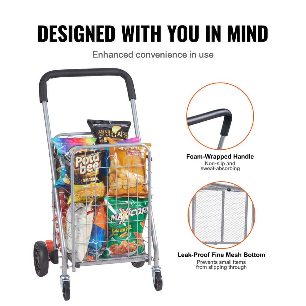 Silver Foldable Utility Shopping Cart with Swivel Wheels