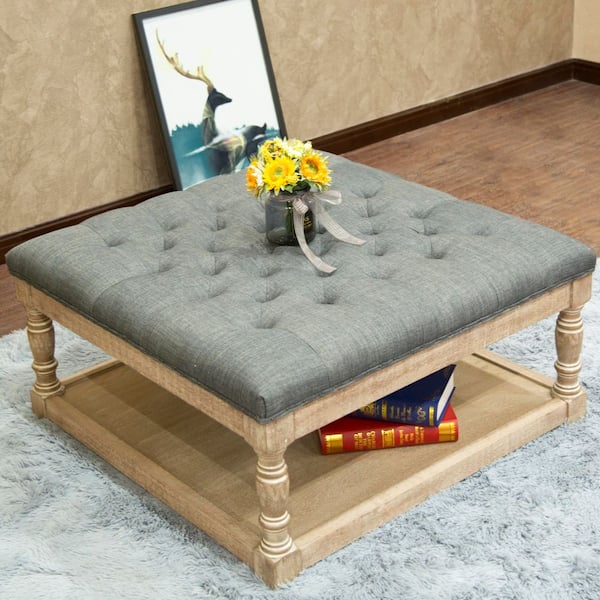 Cairona Dark Gray Wood and Linen 34 in. Shelved Ottoman Table