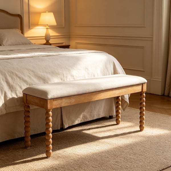 Farmhouse 48 in. Natural Wood and Beige Linen Upholstered Entryway Bench with Storage and Turned Spindle Legs