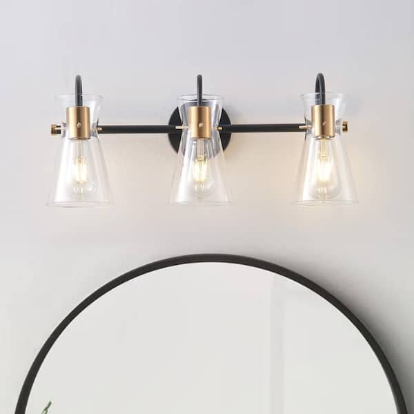 Modern 21.85 in. 3-Light Black and Gold Vanity Light Over Mirror with Clear Glass Shades