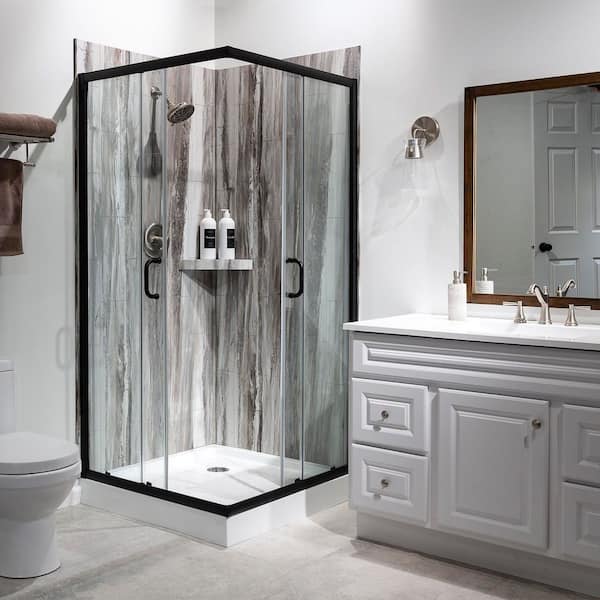 36 in. x 78 in. 2-Piece Glue-Up Corner Shower Wall, Shelf, Trim Kit in Louvre Granite