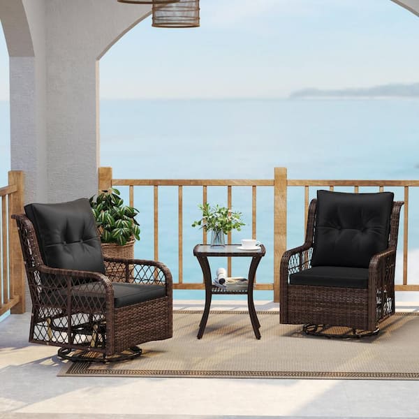 3 Piece Patio Furniture Set with 2-Tier Side Table and Cushions for Porch Black