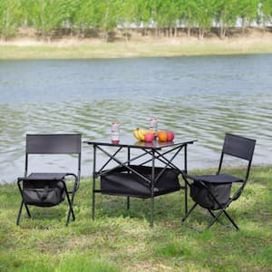 3-Piece Gray Aluminum Folding Outdoor Lawn Chairs with Black Table for Outdoor Camping, Picnics,Beach,Backyard,BBQ,Party