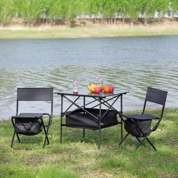 Unbranded 3-Piece Gray Aluminum Folding Outdoor Lawn Chairs with Black Table for Outdoor Camping, Picnics,Beach,Backyard,BBQ,Party