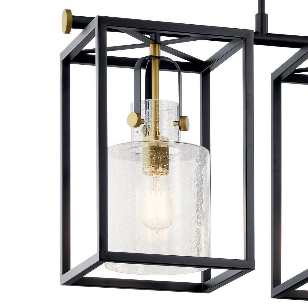 Natural Brass and Black 3-Light Linear Chandelier with Clear Seeded Glass
